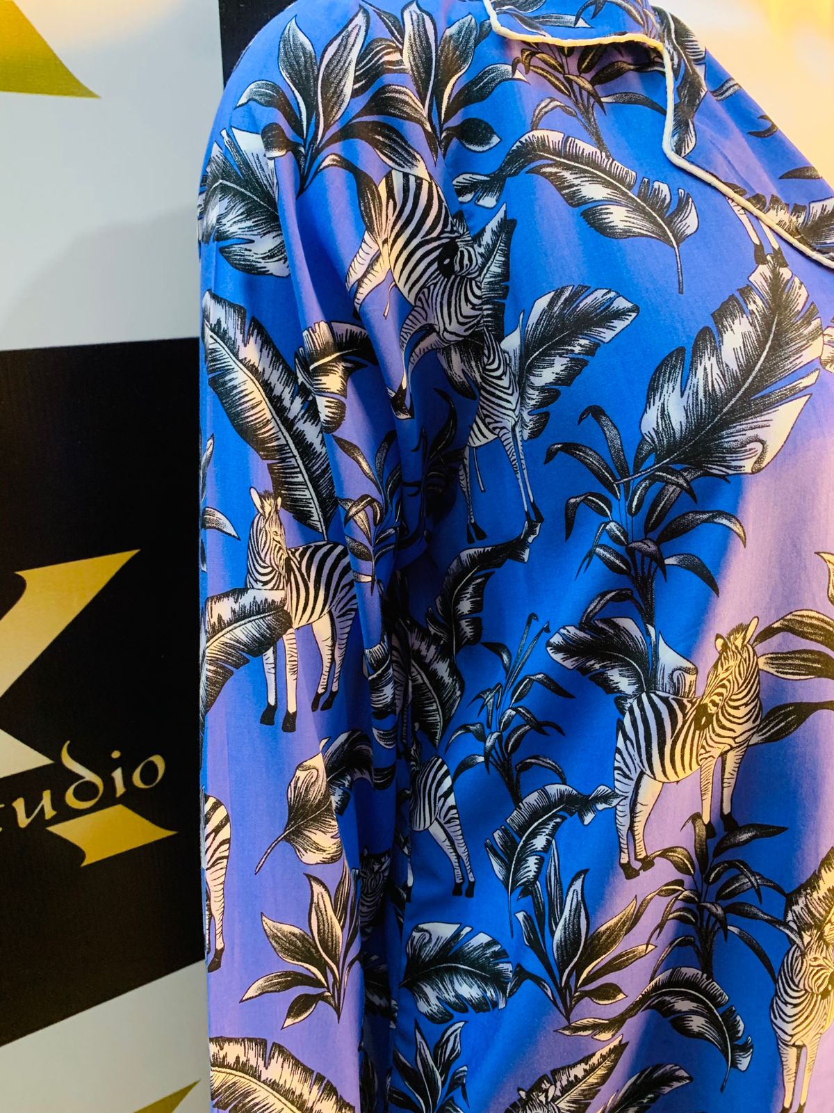 Night Dress Blue Zebra print Stone linen For Ladies