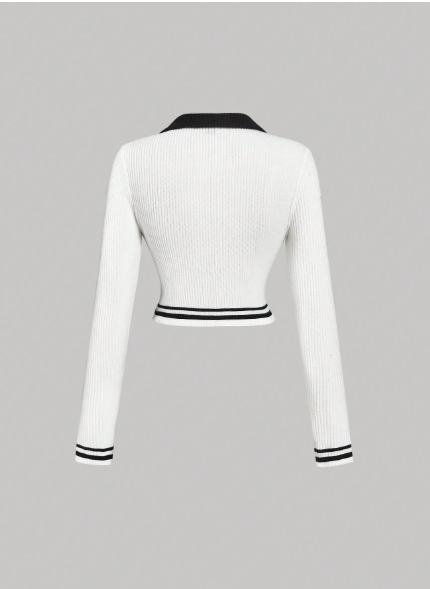 MOD College Style Polo Collar Striped & Letter Patch Slim Fit Long Sleeve T-Shirt