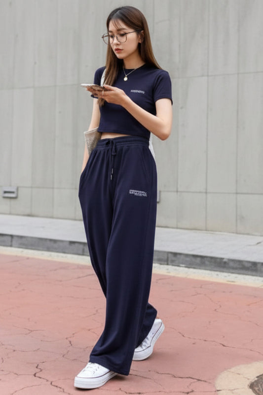 Women’s Letter Print Two-Piece Set – Crew Neck T-Shirt & Pants