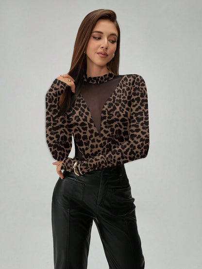 Airlisse Women’s Leopard Print Sheer Mesh Patchwork Long Sleeve Bodysuit