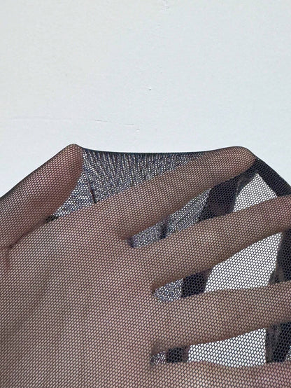 Airlisse Women’s Leopard Print Sheer Mesh Patchwork Long Sleeve Bodysuit