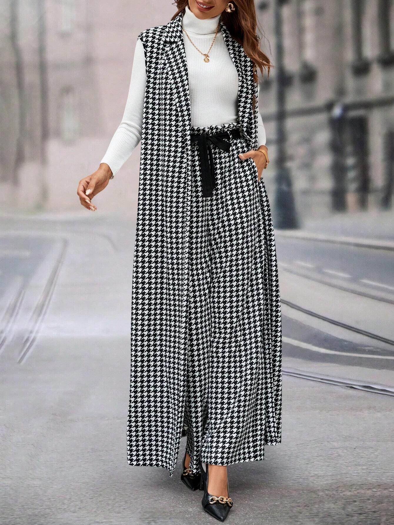 Ellevyn Houndstooth Pattern Sleeveless Long Jacket & Wide Leg Pants Two‑Piece Set