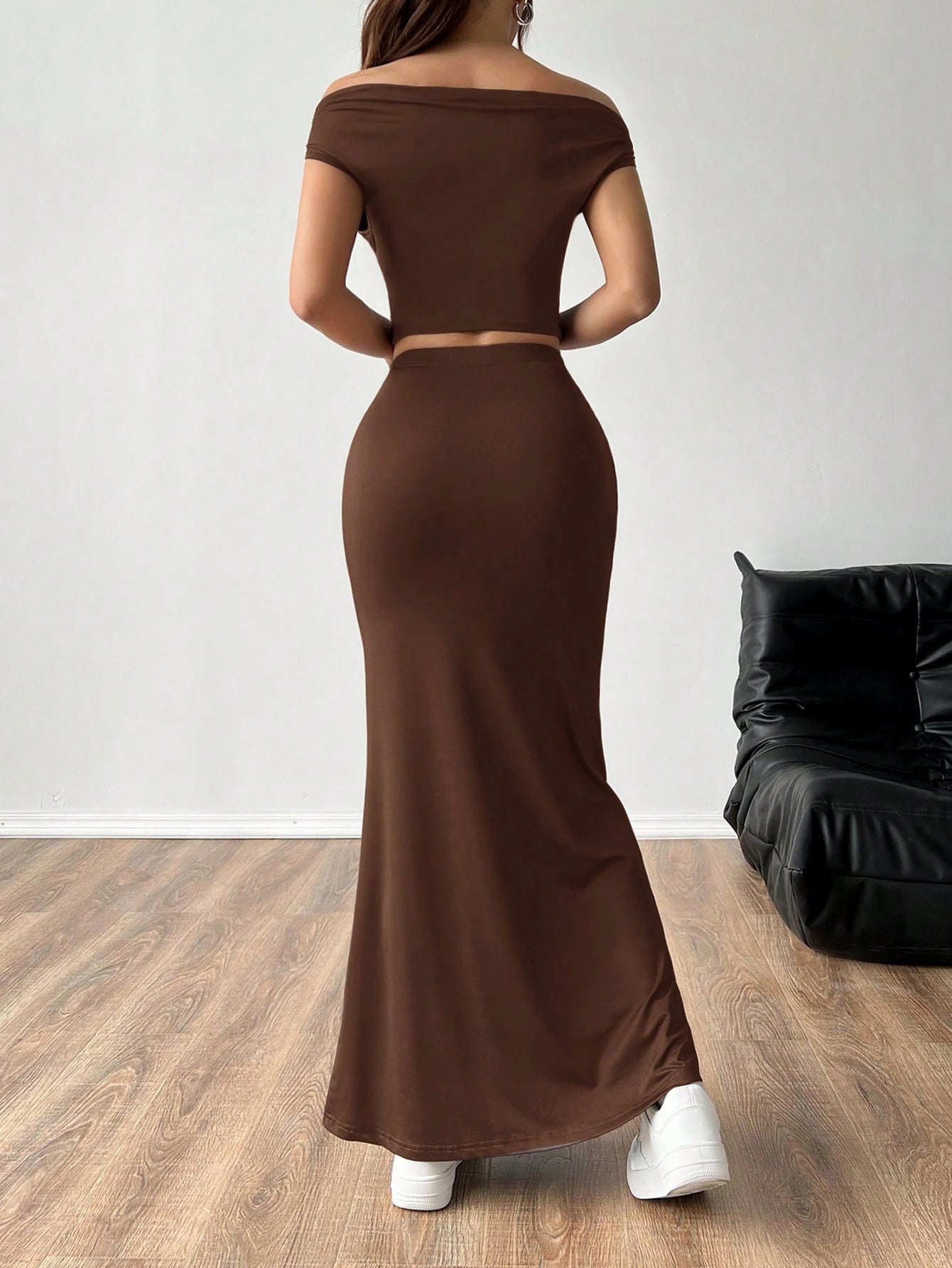 Stylish Chocolate Brown Asymmetrical Off-Shoulder Two-Piece Set