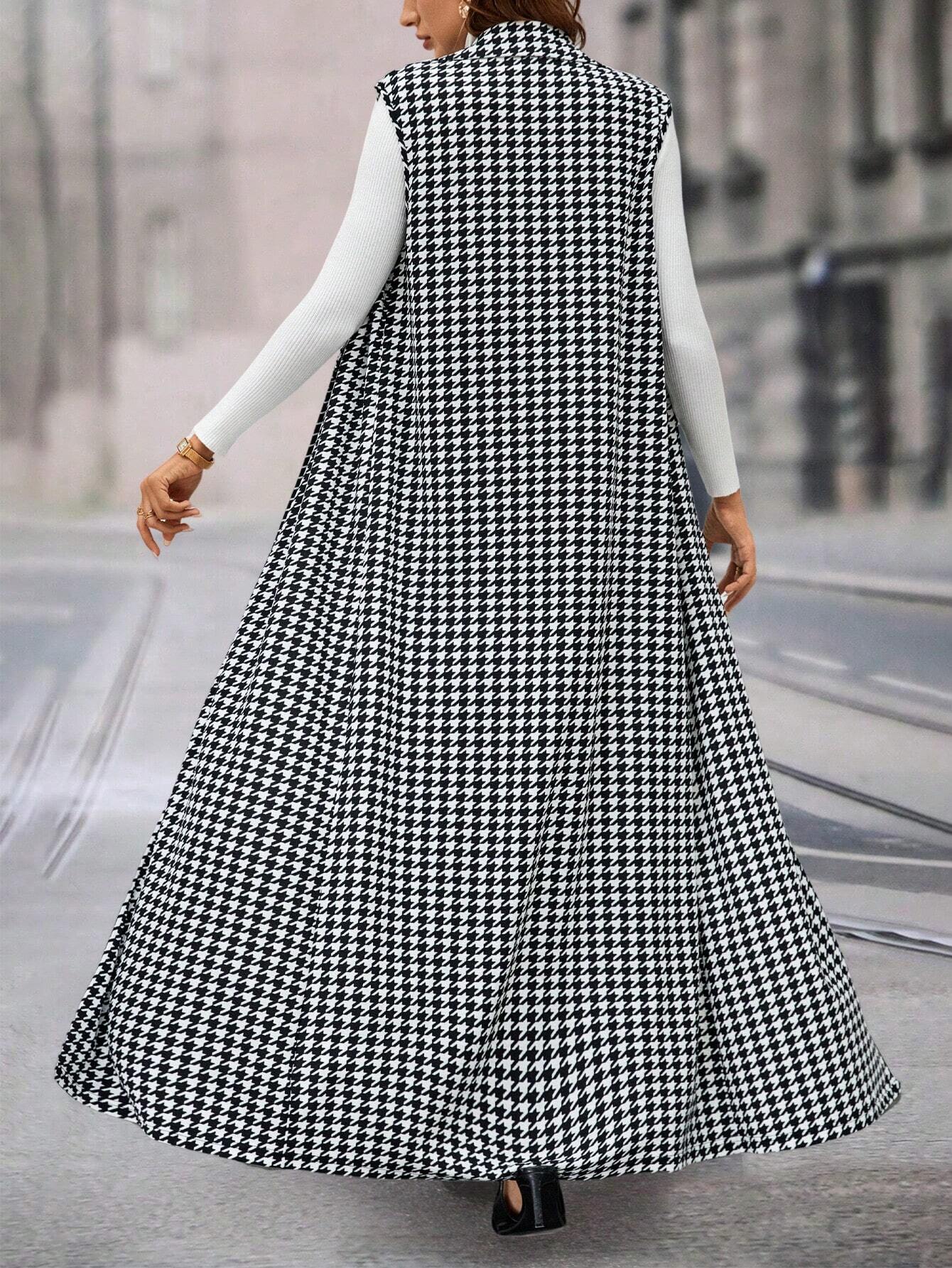 Ellevyn Houndstooth Pattern Sleeveless Long Jacket & Wide Leg Pants Two‑Piece Set