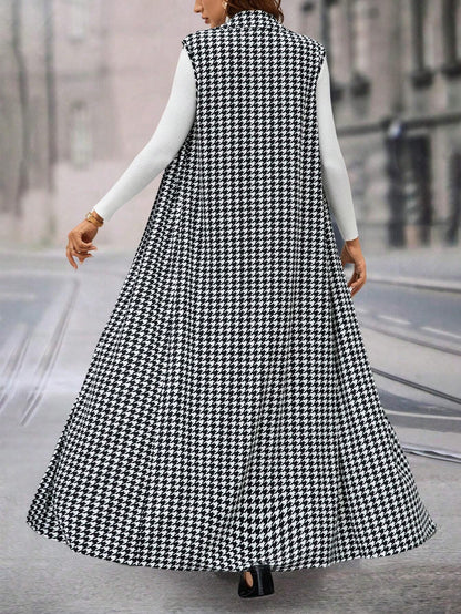 Ellevyn Houndstooth Pattern Sleeveless Long Jacket & Wide Leg Pants Two‑Piece Set