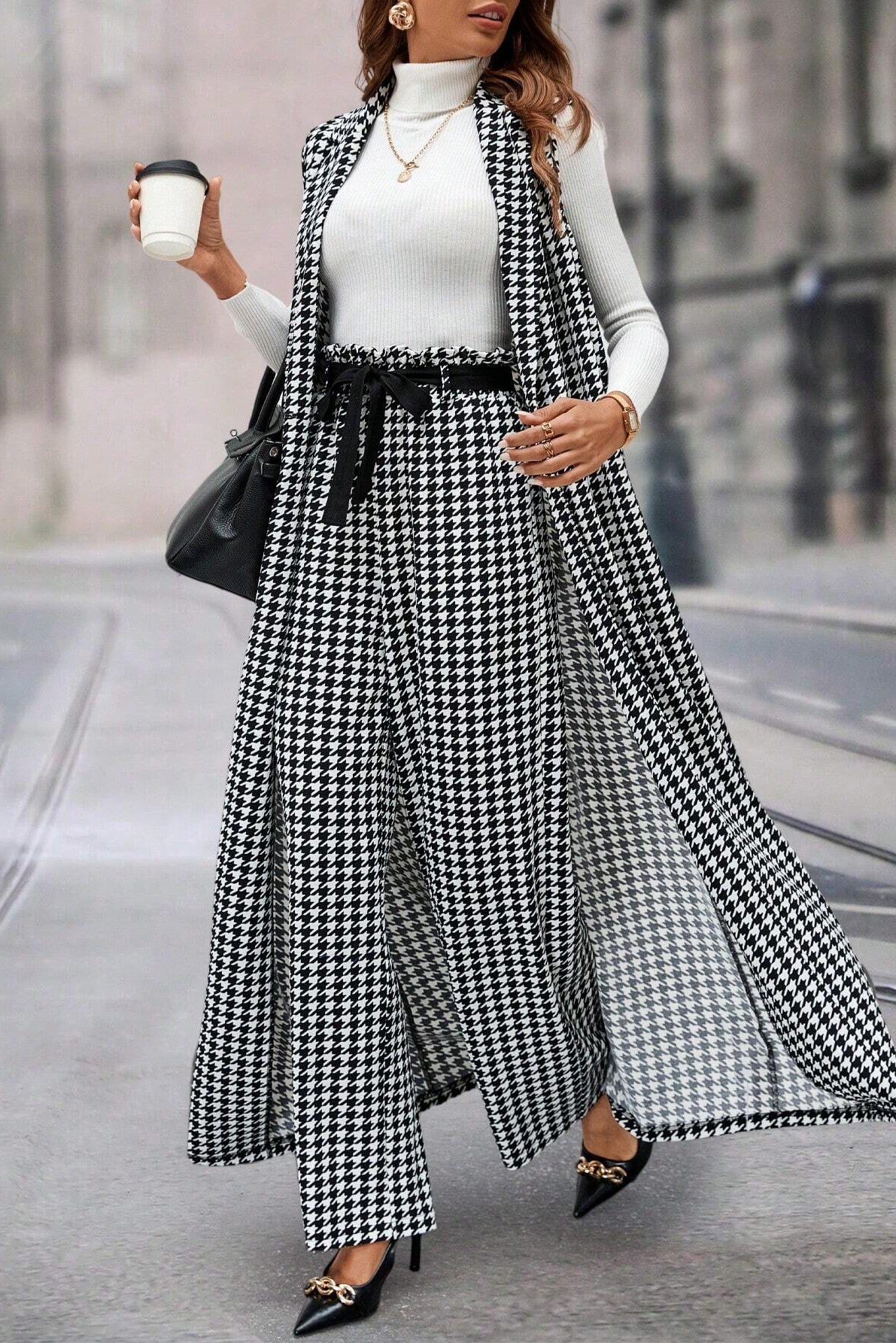 Ellevyn Houndstooth Pattern Sleeveless Long Jacket & Wide Leg Pants Two‑Piece Set