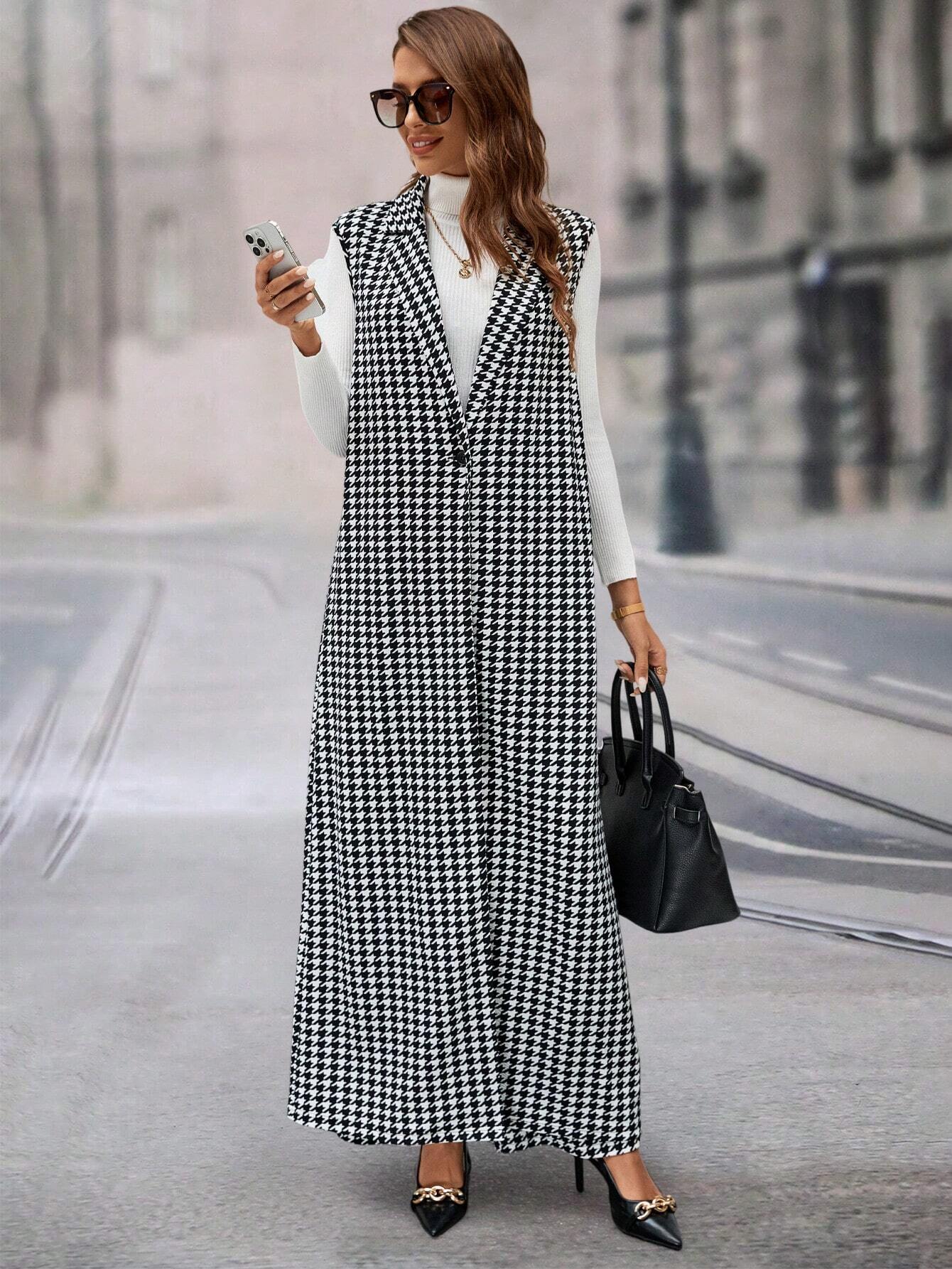Ellevyn Houndstooth Pattern Sleeveless Long Jacket & Wide Leg Pants Two‑Piece Set