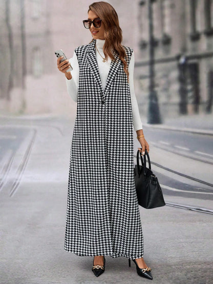 Ellevyn Houndstooth Pattern Sleeveless Long Jacket & Wide Leg Pants Two‑Piece Set