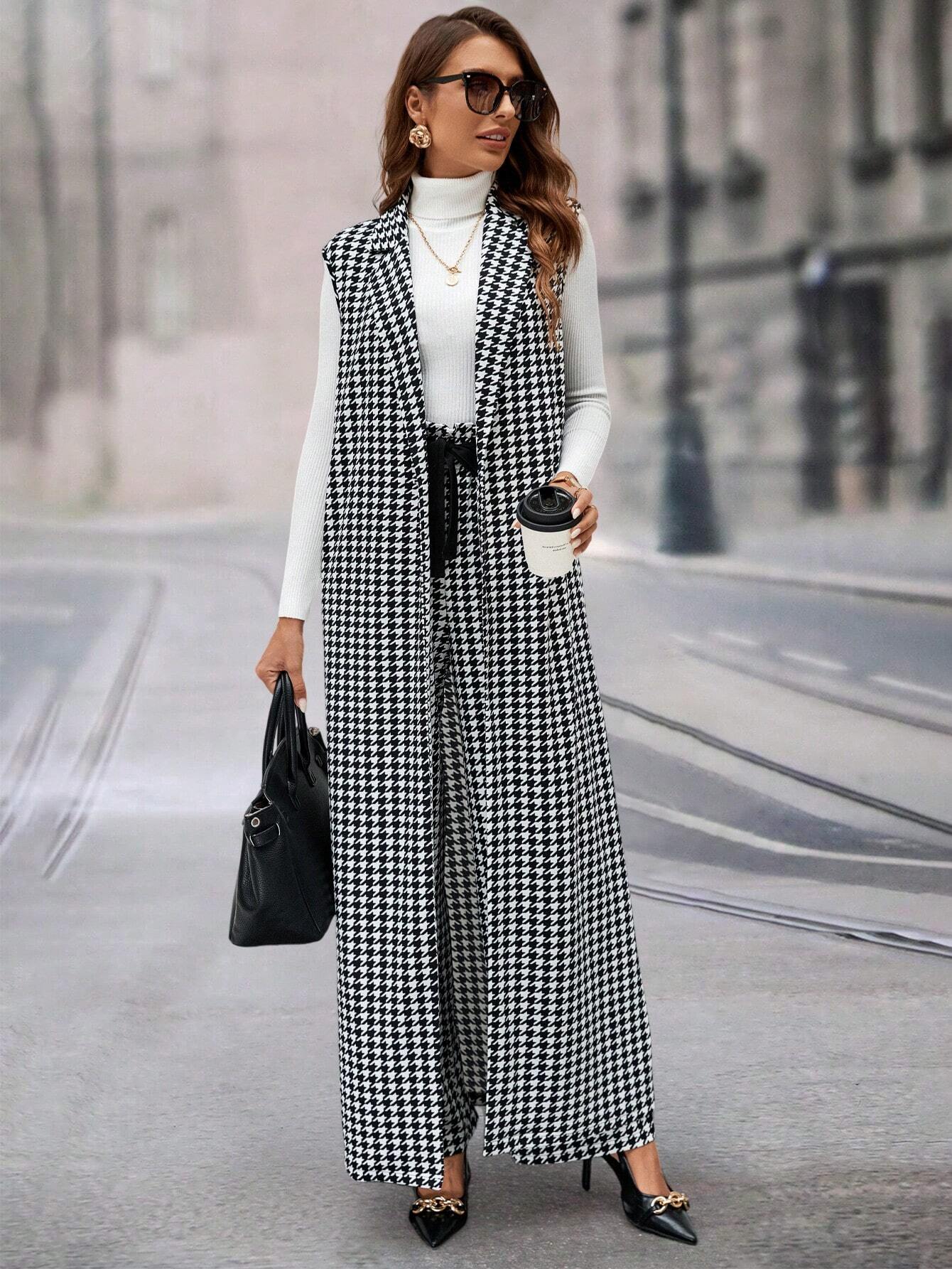 Ellevyn Houndstooth Pattern Sleeveless Long Jacket & Wide Leg Pants Two‑Piece Set