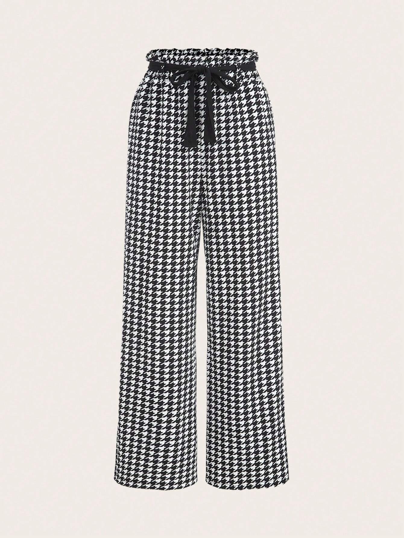 Ellevyn Houndstooth Pattern Sleeveless Long Jacket & Wide Leg Pants Two‑Piece Set