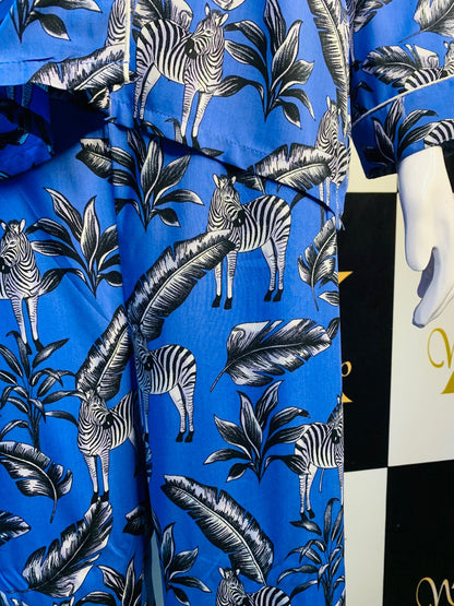 Night Dress  Blue Zebra print Stone linen For Ladies