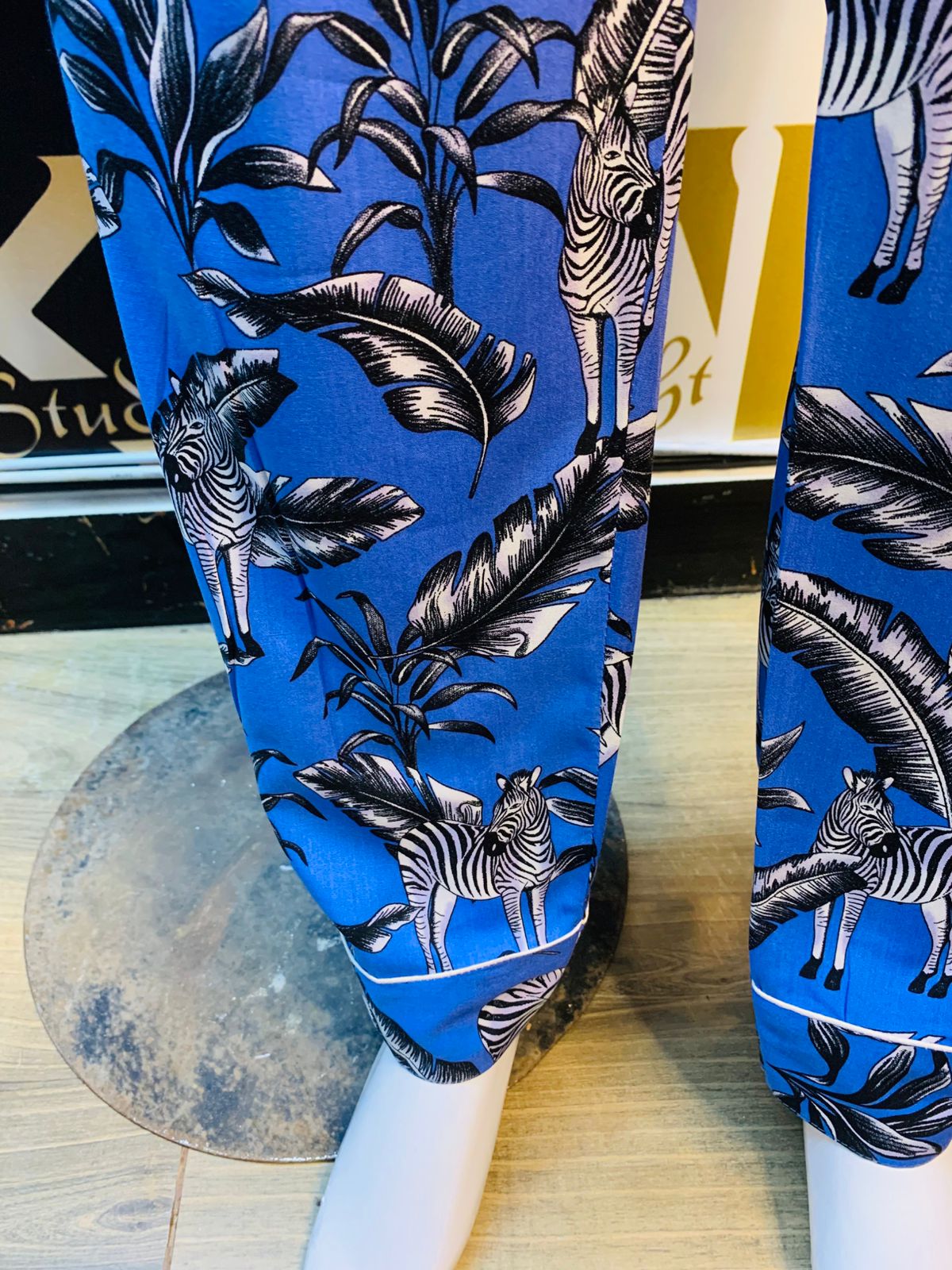 Night Dress  Blue Zebra print Stone linen For Ladies