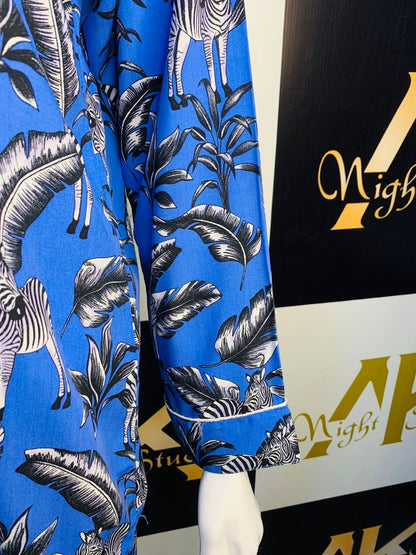 Night Dress  Blue Zebra print Stone linen For Ladies