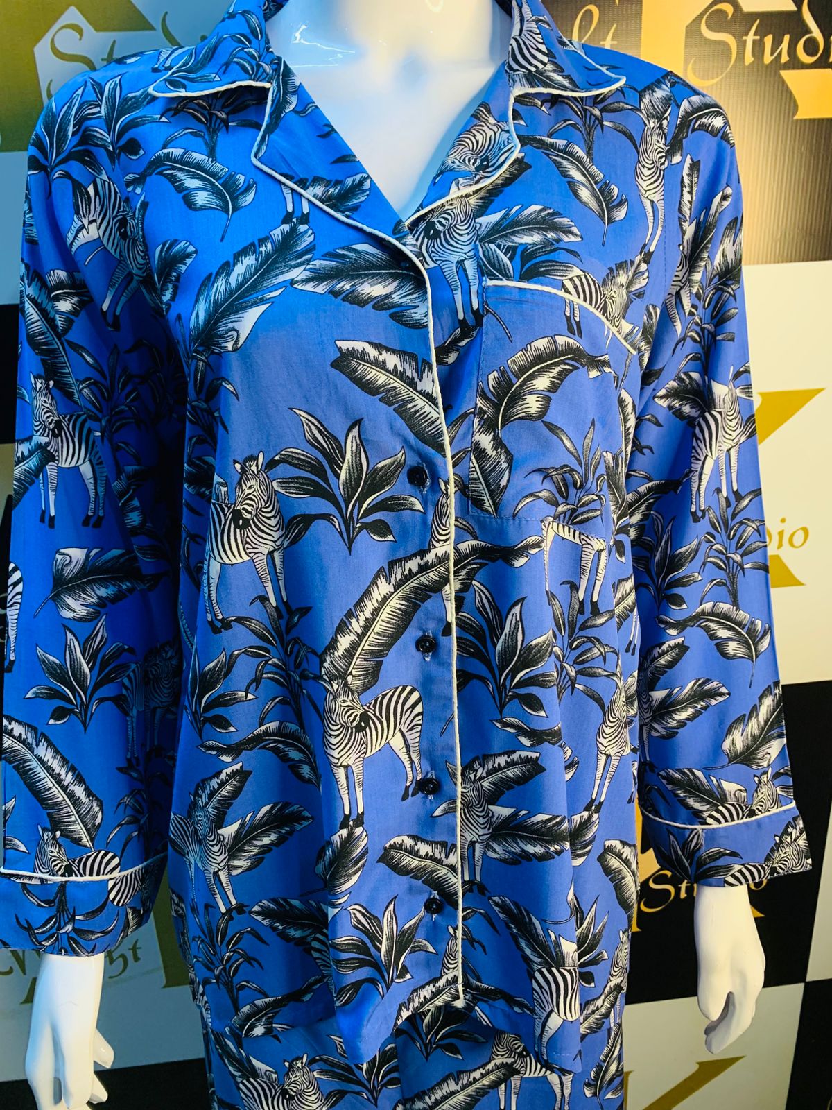 Night Dress  Blue Zebra print Stone linen For Ladies