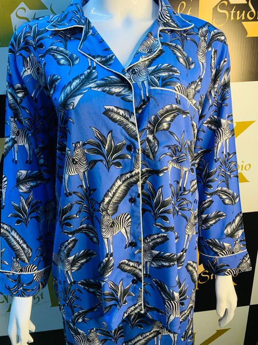 Night Dress  Blue Zebra print Stone linen For Ladies