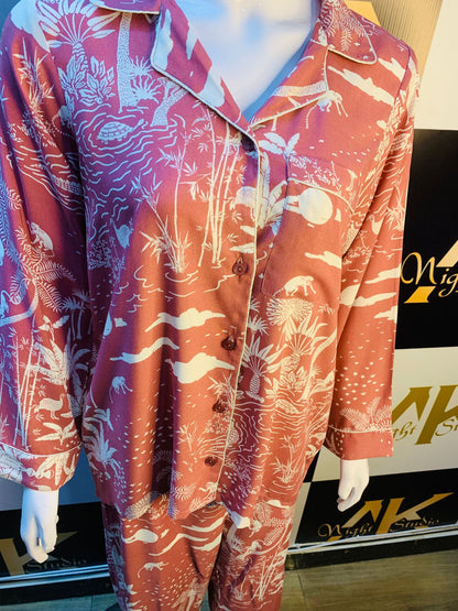 Pink printed Night Dress stone Linen For ladies