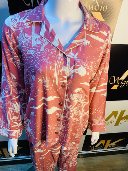 Pink printed Night Dress stone Linen For ladies