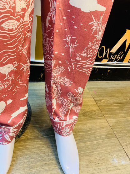 Pink printed Night Dress stone Linen For ladies