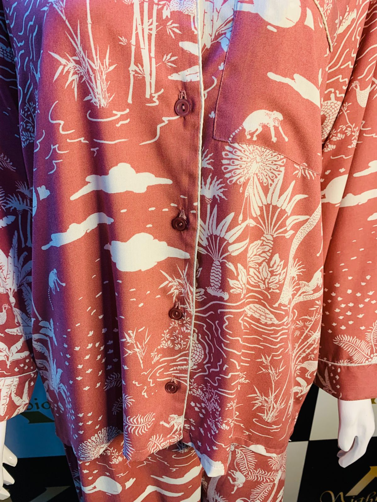 Pink printed Night Dress stone Linen For ladies