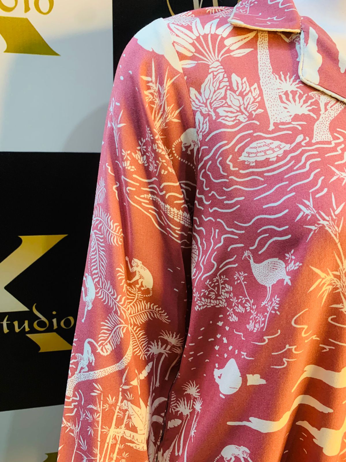 Pink printed Night Dress stone Linen For ladies