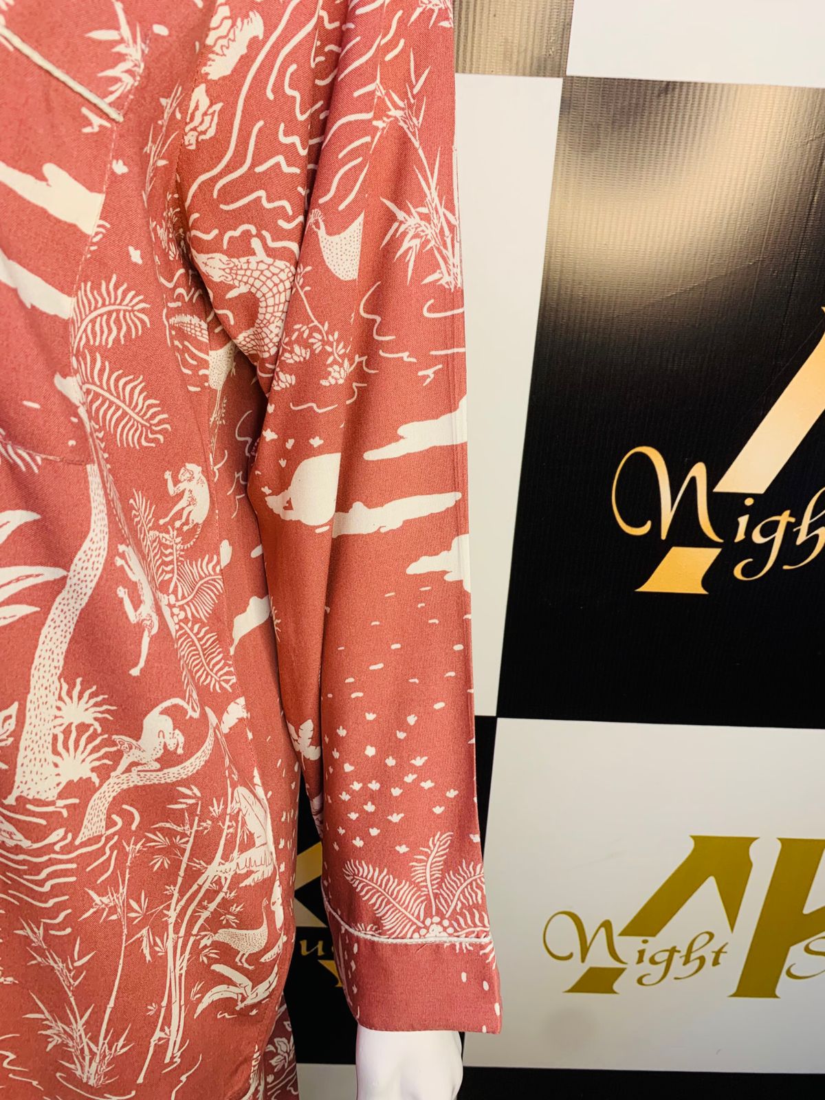 Pink printed Night Dress stone Linen For ladies