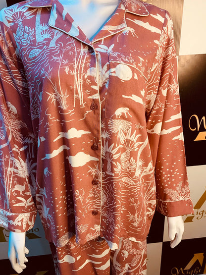 Pink printed Night Dress stone Linen For ladies