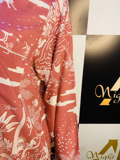 Pink printed Night Dress stone Linen For ladies