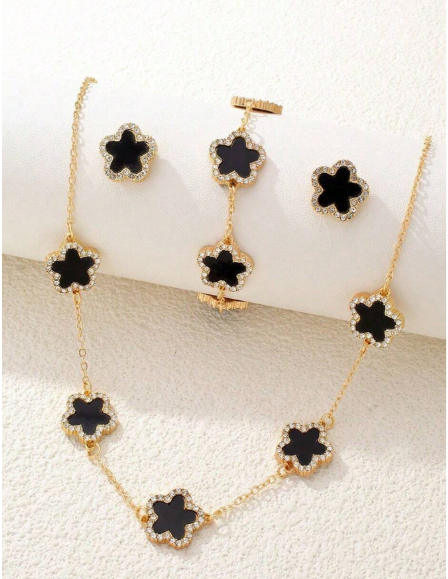 4pcs Glittering Clover Jewelry Set, Diamond Encrusted