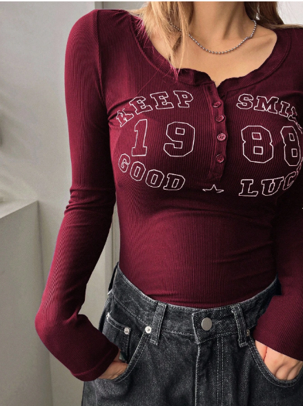 DAZY Round Neck Button Detailing Slim Fit Long Sleeve Ladies' T-Shirt