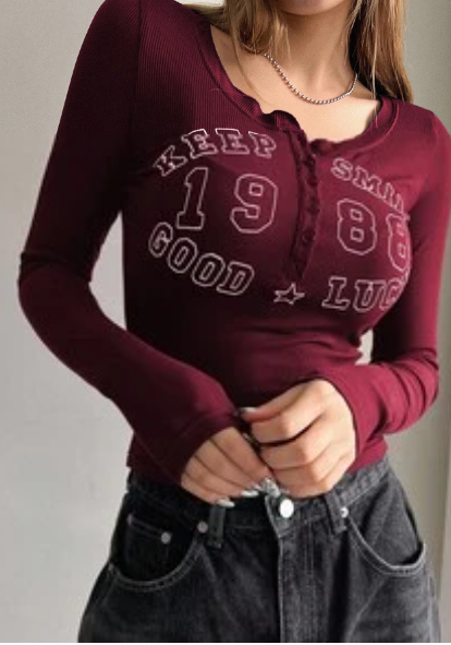 DAZY Round Neck Button Detailing Slim Fit Long Sleeve Ladies' T-Shirt