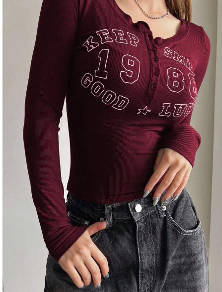 DAZY Round Neck Button Detailing Slim Fit Long Sleeve Ladies' T-Shirt