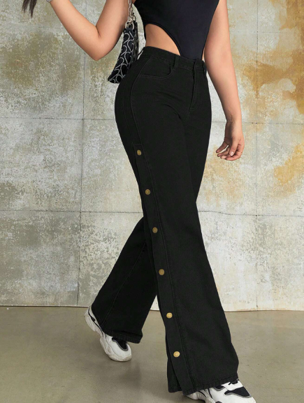 High Waist Metal Buckle Side Slant Pocket Wide Leg Jeans Daily Comfort Denim Trousers