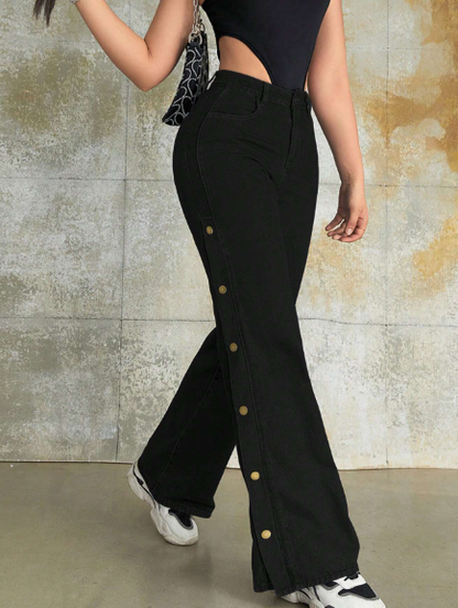 High Waist Metal Buckle Side Slant Pocket Wide Leg Jeans Daily Comfort Denim Trousers