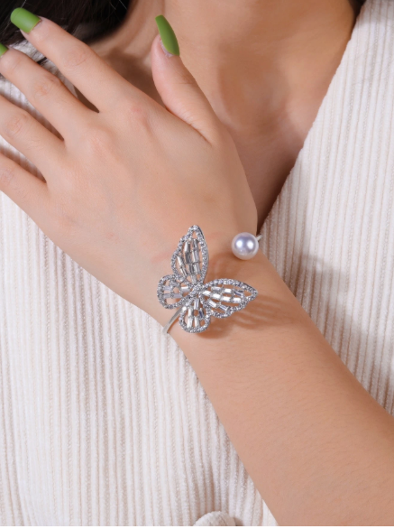 Faux Pearl & Butterfly Decor Cuff Bracelet