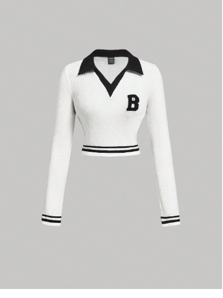 MOD College Style Polo Collar Striped & Letter Patch Slim Fit Long Sleeve T-Shirt