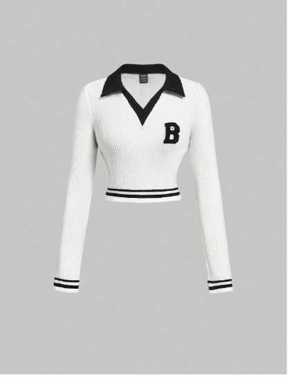 MOD College Style Polo Collar Striped & Letter Patch Slim Fit Long Sleeve T-Shirt