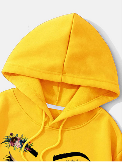 INAWLY Figure & Floral Print Drop Shoulder Drawstring Thermal Lined Hoodie