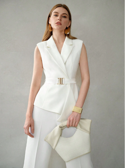 PREMIUM SOLID PEAK COLLAR ASYMMETRICAL HEM BELTED BLAZER