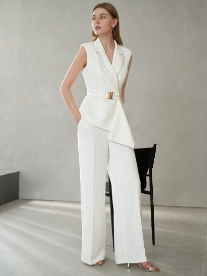 PREMIUM SOLID PEAK COLLAR ASYMMETRICAL HEM BELTED BLAZER