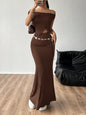 Stylish Chocolate Brown Asymmetrical Off-Shoulder Two-Piece Set