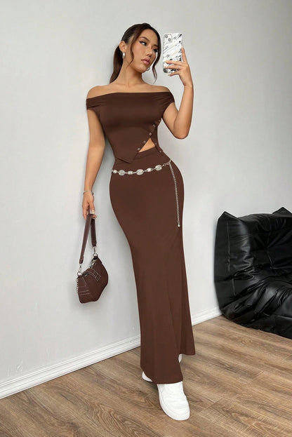 Stylish Chocolate Brown Asymmetrical Off-Shoulder Two-Piece Set